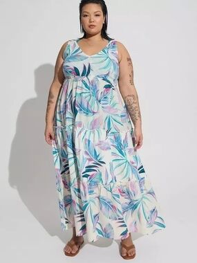 Midi Cotton Ruffle Beach Dress Smocked Tiered Pretty Summer Leaves Size 2X NWT